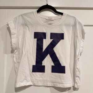 Zenana White Cropped Graphic Tee with Purple "K" (K-State)- Size Large